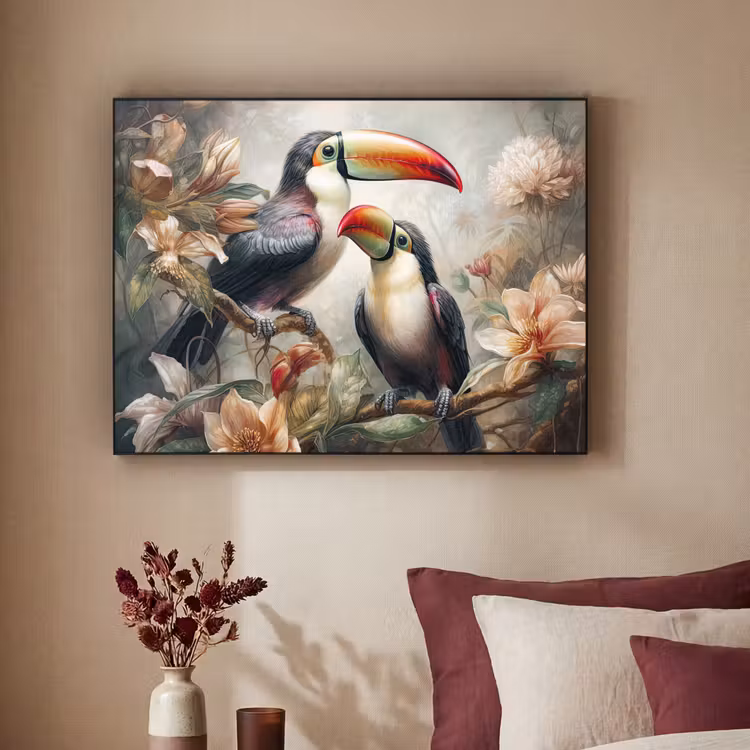 Toekan - Vogels - Bloemen - Jungle Textielframe zwart klein -sfeer1