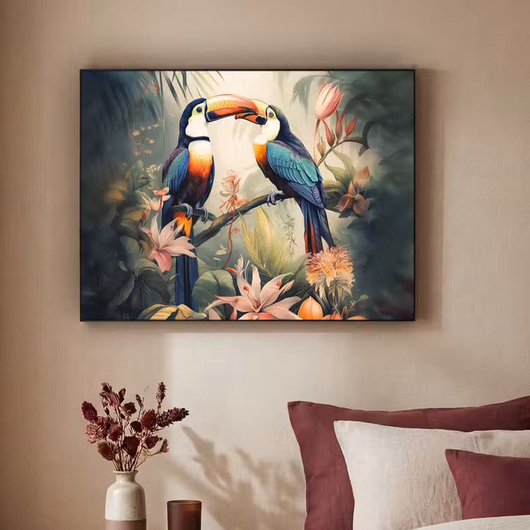 Toekan - Vogels - Bloemen - Natuur - Jungle Textielframe zwart klein -sfeer1