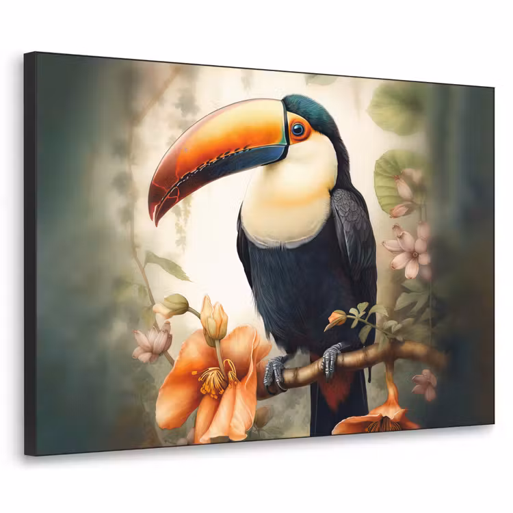 Toekan - Vogel - Bloemen - Planten Textielframe zwart klein -3d