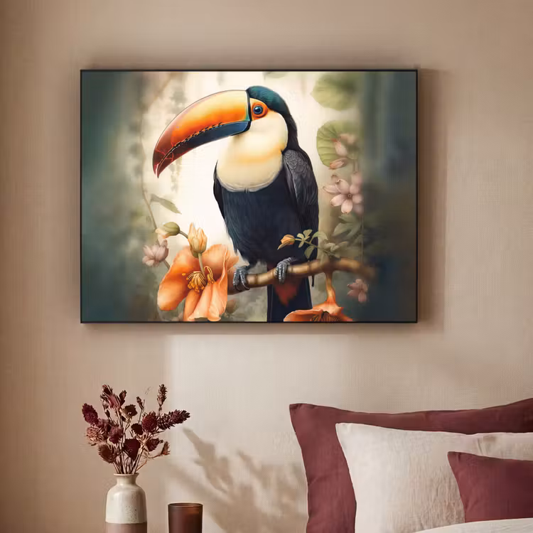 Toekan - Vogel - Bloemen - Planten Textielframe zwart klein -sfeer1