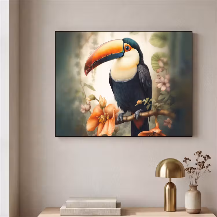 Toekan - Vogel - Bloemen - Planten Textielframe zwart klein -sfeer2