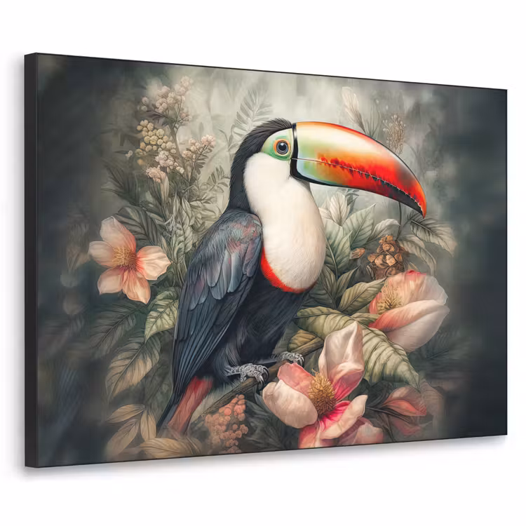 Toekan - Vogels - Bloemen - Planten - Tropisch Textielframe zwart klein -3d