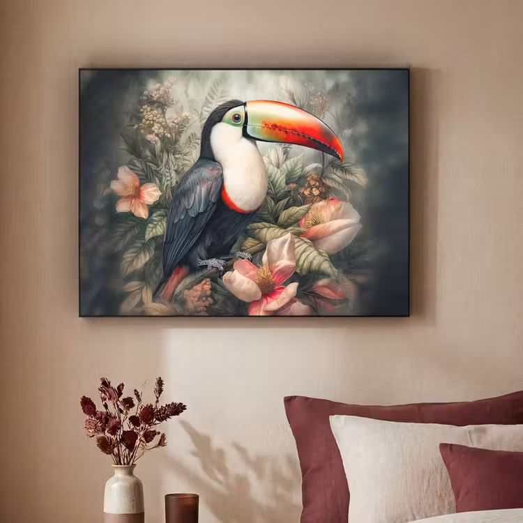 Toekan - Vogels - Bloemen - Planten - Tropisch Textielframe zwart klein -sfeer1
