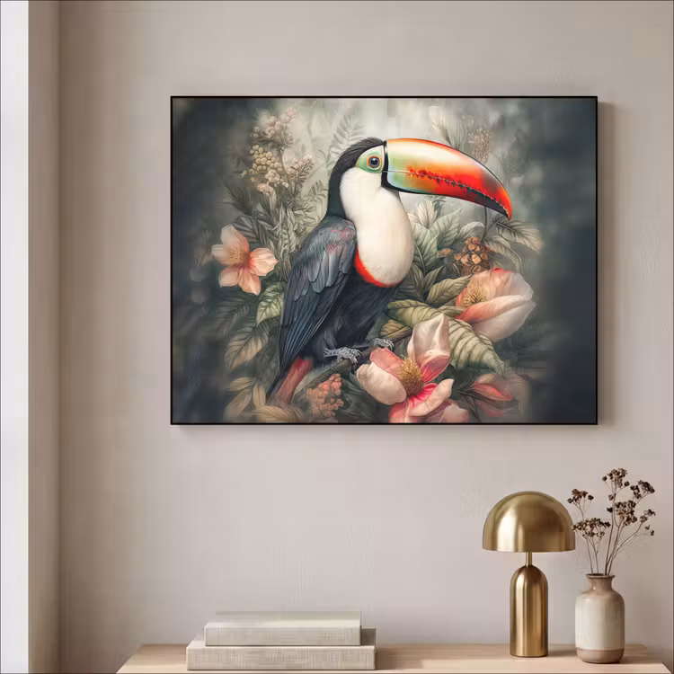 Toekan - Vogels - Bloemen - Planten - Tropisch Textielframe zwart klein -sfeer2