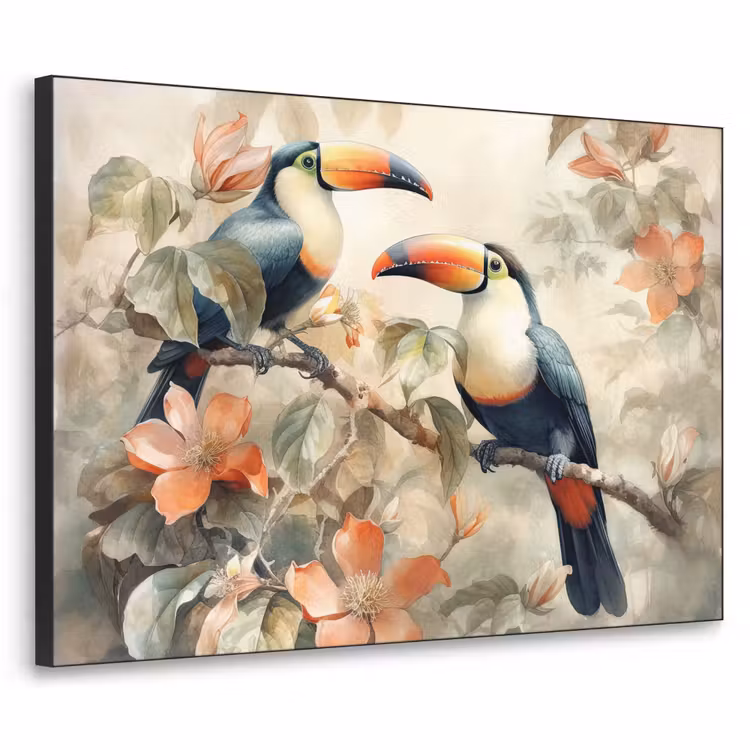 Toekan - Vogels - Bloemen - Tak Textielframe zwart klein -3d