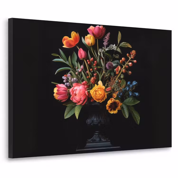 Tulpen - Bessen - Boeket - Vaas Textielframe zwart klein -3d