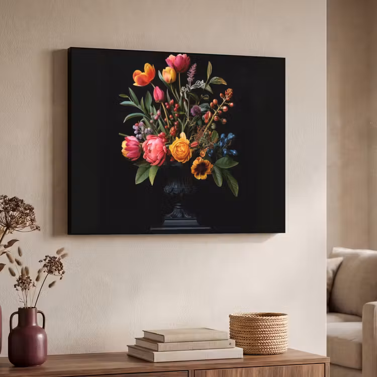 Tulpen - Bessen - Boeket - Vaas Textielframe zwart klein -sfeer3