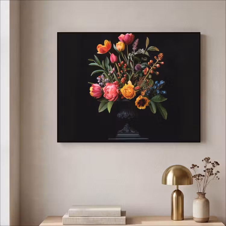 Tulpen - Bessen - Boeket - Vaas Textielframe zwart klein -sfeer2