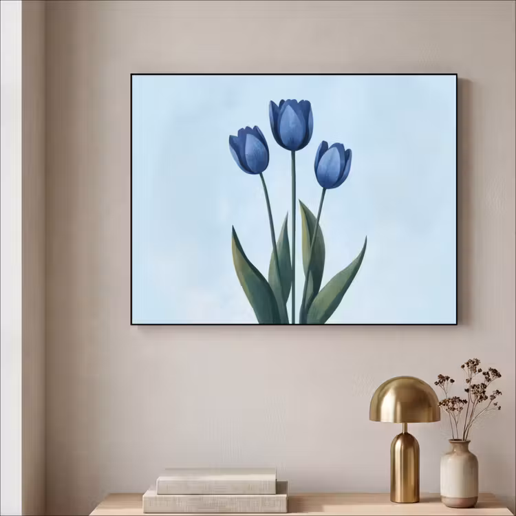 Tulpen - Blauw - Bladeren Textielframe - compleet frame klein -sfeer2