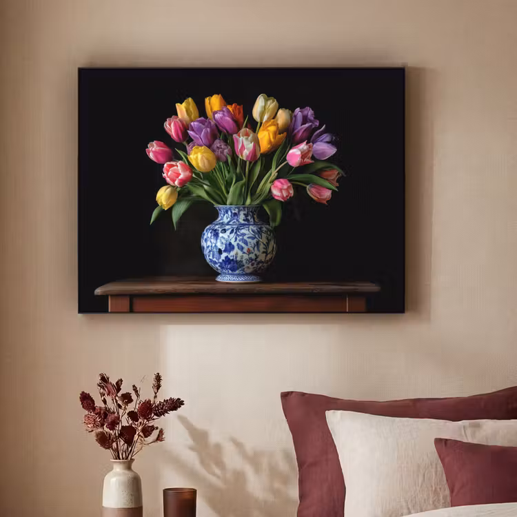 Tulpen - Kleuren - Hout - Vaas Textielframe - compleet frame klein -sfeer1