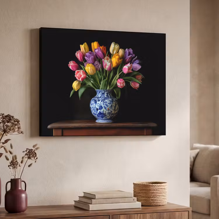 Tulpen - Kleuren - Hout - Vaas Textielframe zwart klein -sfeer3