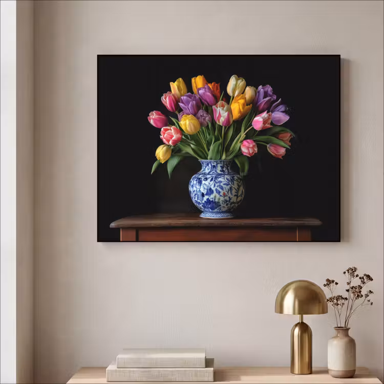 Tulpen - Kleuren - Hout - Vaas Textielframe zwart klein -sfeer2
