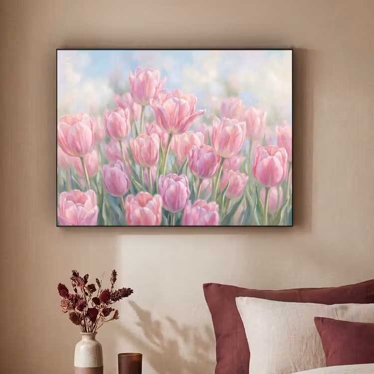 Tulpen - Veld - Lente - Roze Textielframe zwart klein -sfeer1