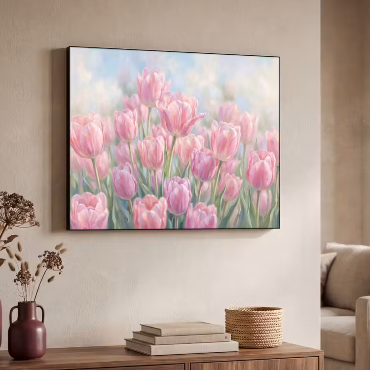 Tulpen - Veld - Lente - Roze Textielframe zwart klein -sfeer3