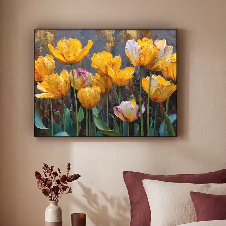 Tulpen - Geel - Penseelstreken - Abstract Textielframe - compleet frame klein -sfeer1