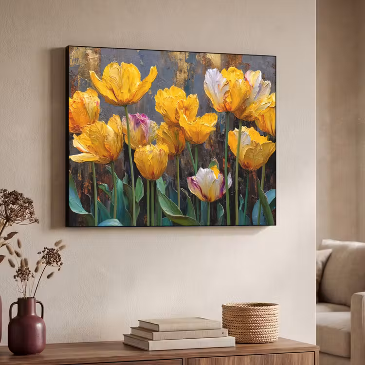 Tulpen - Geel - Penseelstreken - Abstract Textielframe - compleet frame klein -sfeer3