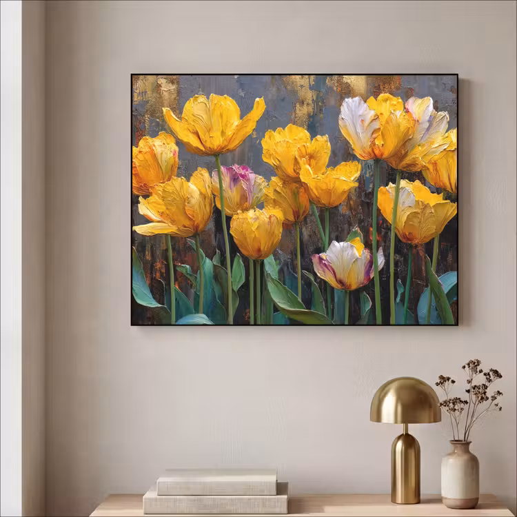 Tulpen - Geel - Penseelstreken - Abstract Textielframe zwart klein -sfeer2