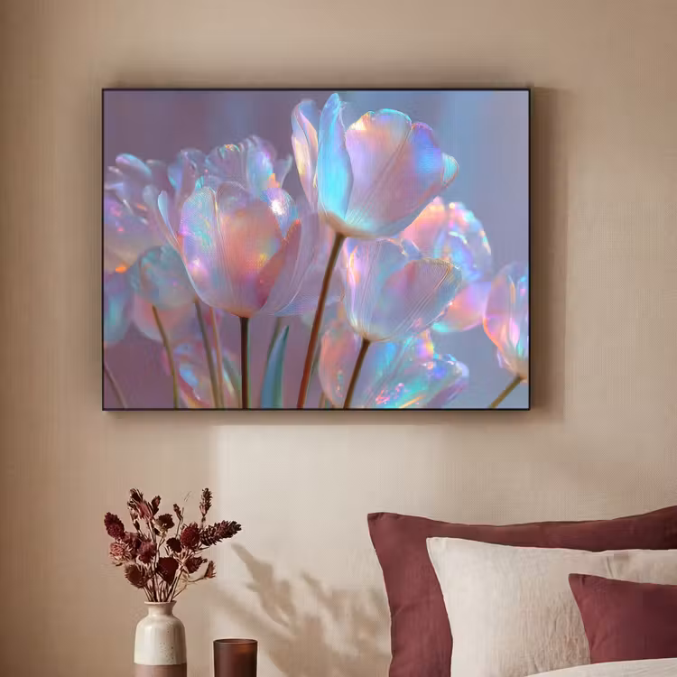 Tulpen - Glazen - Bloemblaadjes - Pasteltinten Textielframe - compleet frame klein -sfeer1