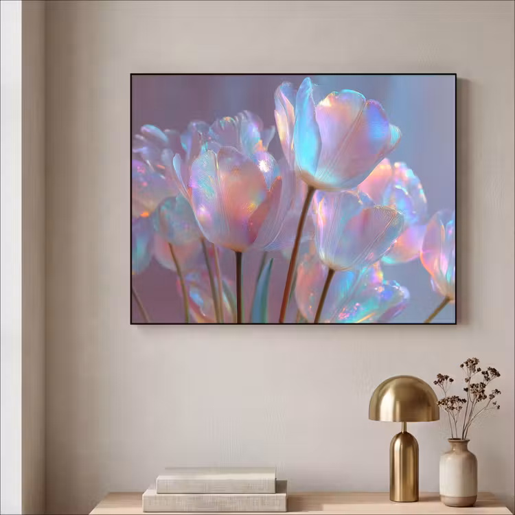 Tulpen - Glazen - Bloemblaadjes - Pasteltinten Textielframe - compleet frame klein -sfeer2