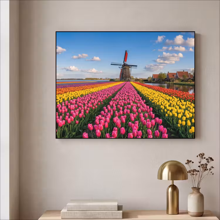 Tulpen - Holland - Molen - Kleurrijk Textielframe zwart klein -sfeer2