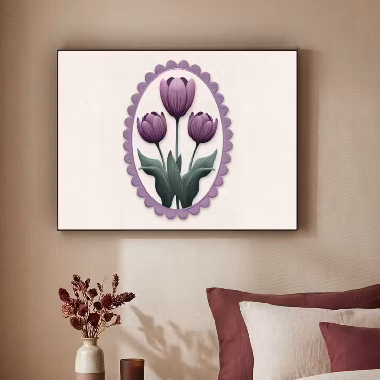 Tulpen - Paars - Lijst - Bladeren Textielframe zwart klein -sfeer1