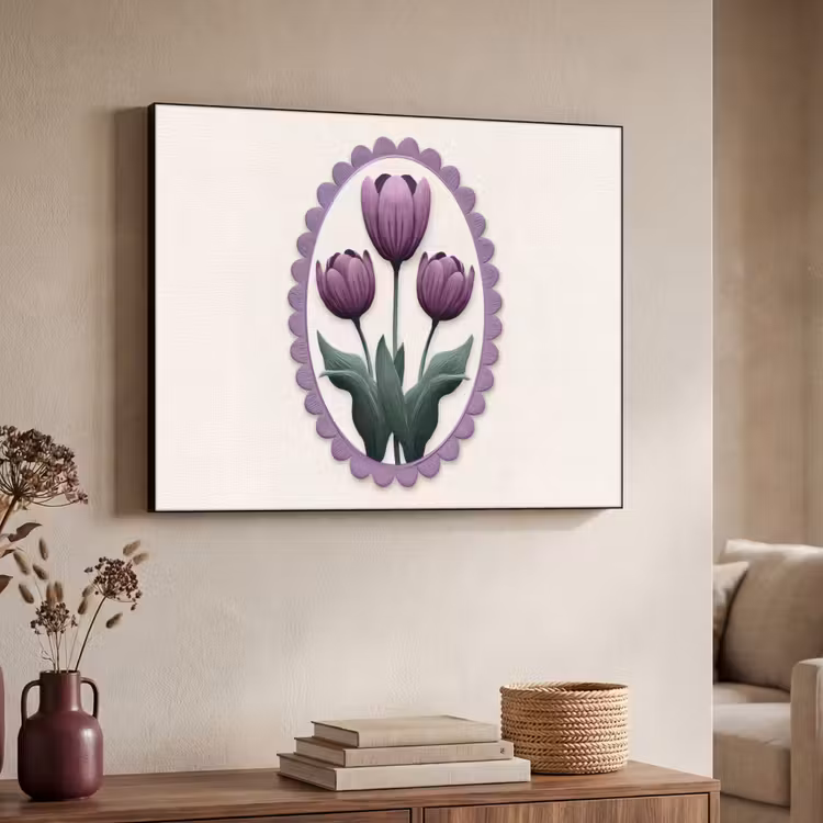 Tulpen - Paars - Lijst - Bladeren Textielframe zwart klein -sfeer3