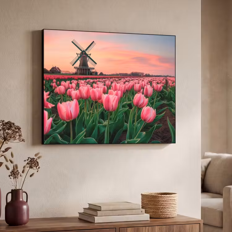 Tulpen - Molen - Nederland Textielframe zwart klein -sfeer3