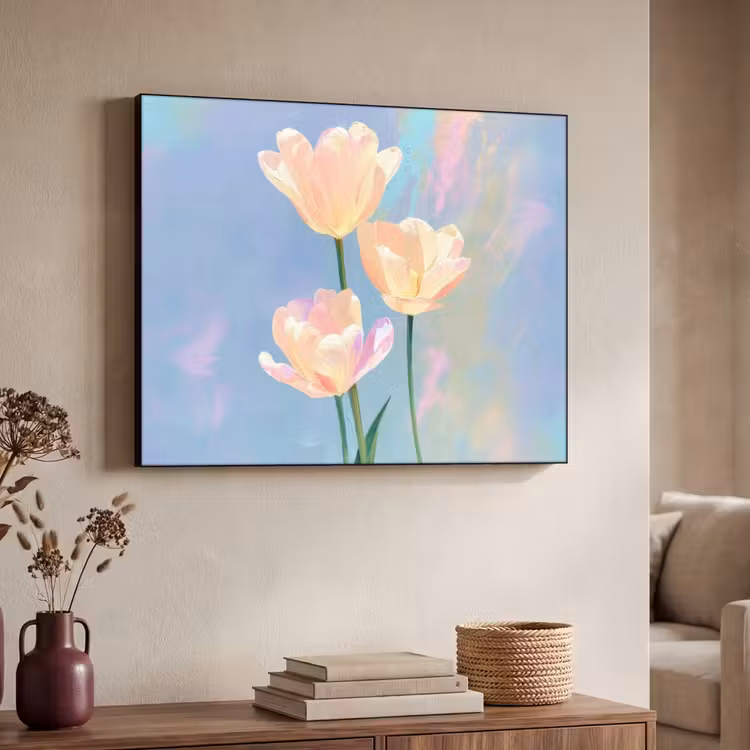 Tulpen - Roze accenten - Blauw Textielframe - compleet frame klein -sfeer3