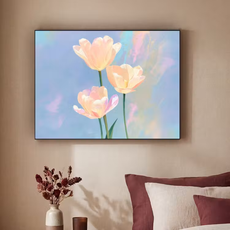 Tulpen - Roze accenten - Blauw Textielframe - compleet frame klein -sfeer1