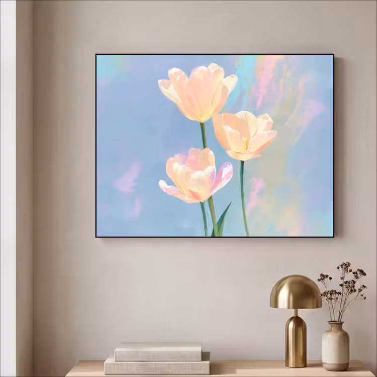 Tulpen - Roze accenten - Blauw Textielframe - compleet frame klein -sfeer2