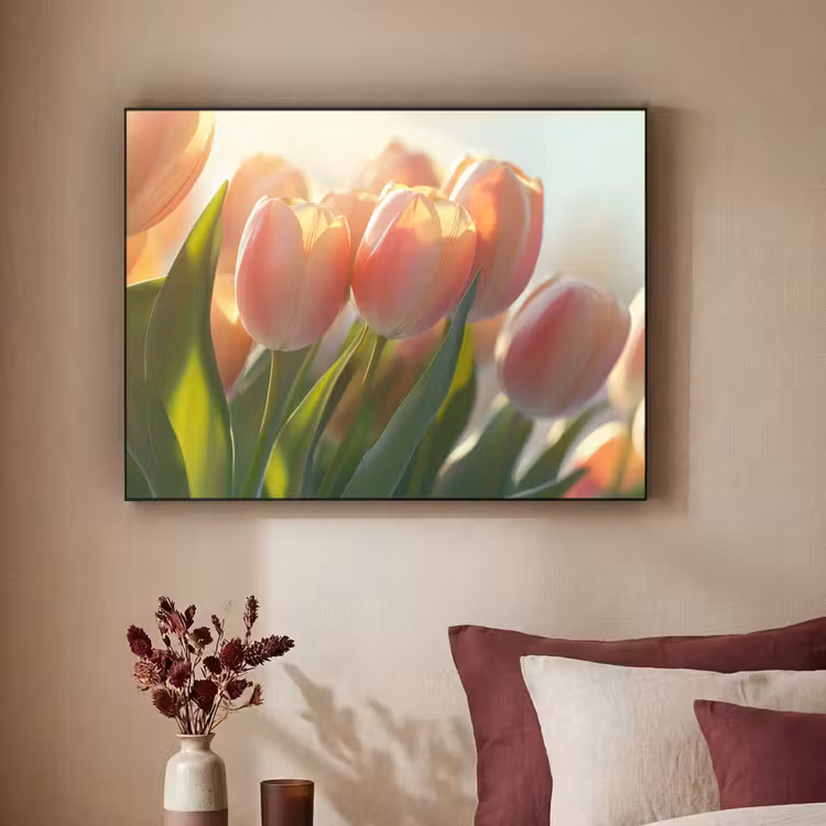 Tulpen - Roze - Zonnestralen Textielframe zwart klein -sfeer1