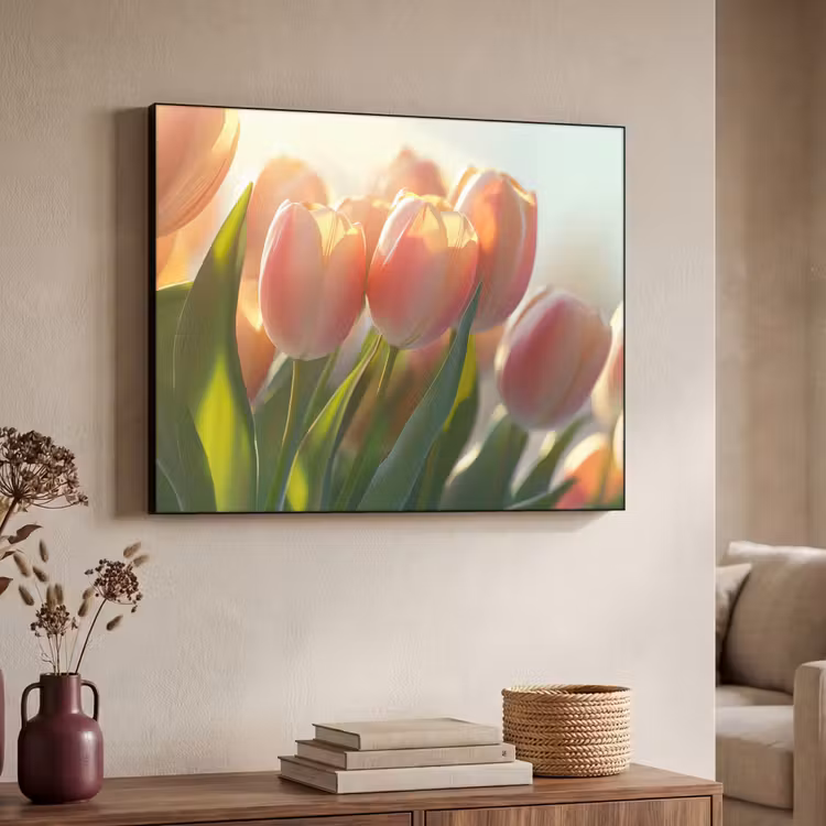 Tulpen - Roze - Zonnestralen Textielframe - compleet frame klein -sfeer3
