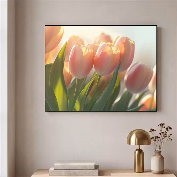 Tulpen - Roze - Zonnestralen Textielframe zwart klein -sfeer2