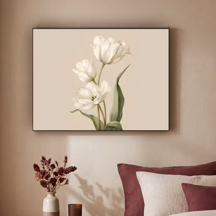 Tulpen - Wit - Bladeren Textielframe zwart klein -sfeer1