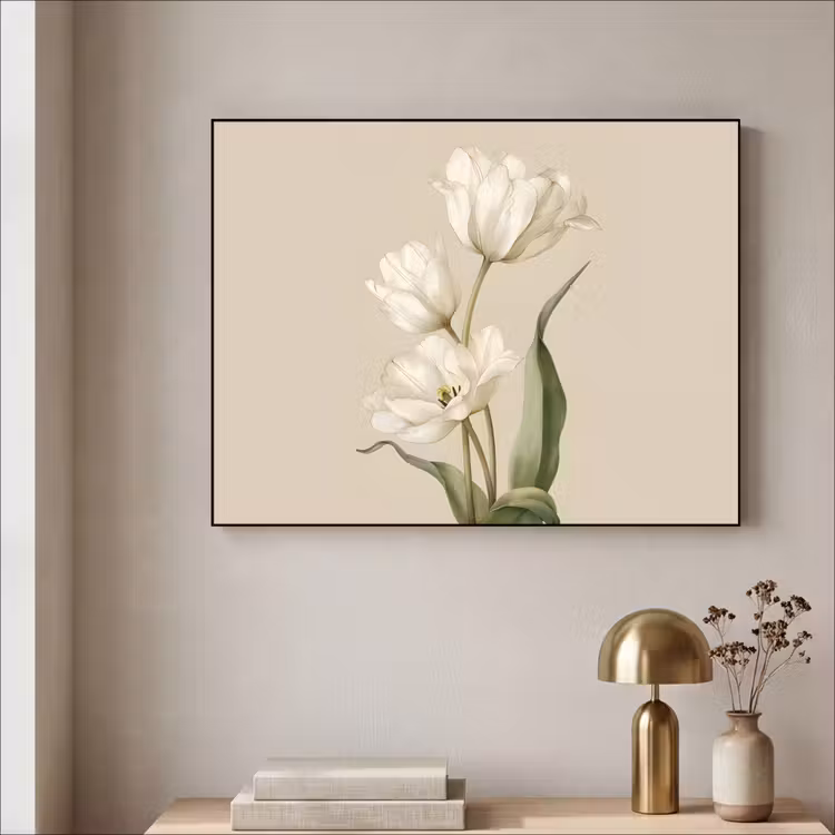 Tulpen - Wit - Bladeren Textielframe - compleet frame klein -sfeer2