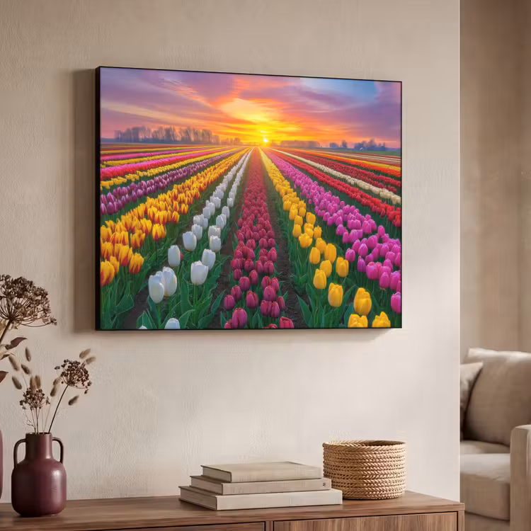 Tulpenveld - Zonsondergang - Kleurrijk Textielframe - compleet frame klein -sfeer3