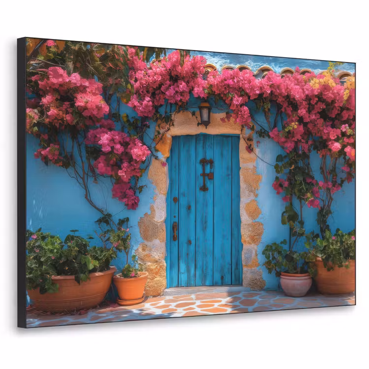 Deur - Hout - Bloemen - Blauw Textielframe zwart klein -3d