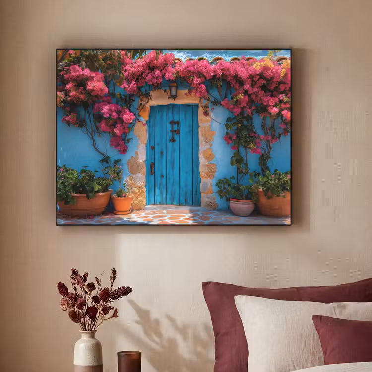 Deur - Hout - Bloemen - Blauw Textielframe - compleet frame klein -sfeer1