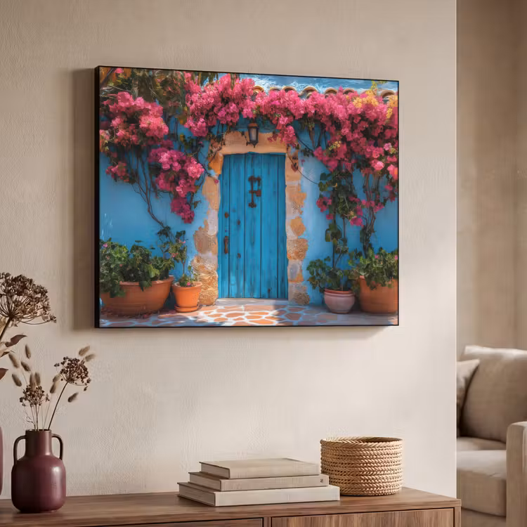 Deur - Hout - Bloemen - Blauw Textielframe - compleet frame klein -sfeer3
