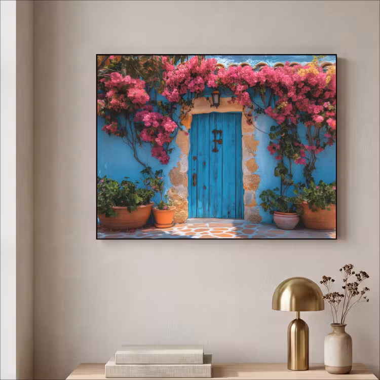 Deur - Hout - Bloemen - Blauw Textielframe zwart klein -sfeer2