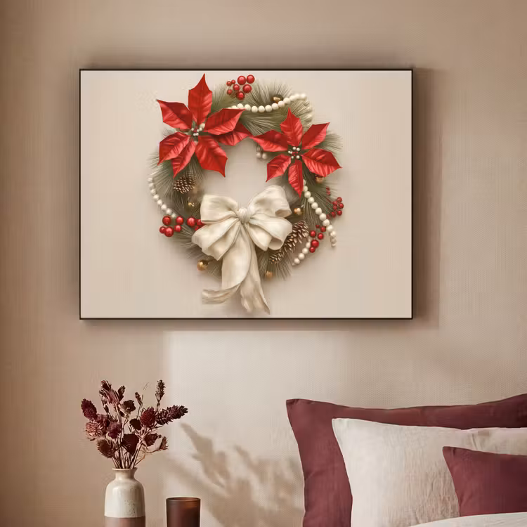 Deurkrans - Strik - Kerst - Rood - Groen Textielframe zwart klein -sfeer1