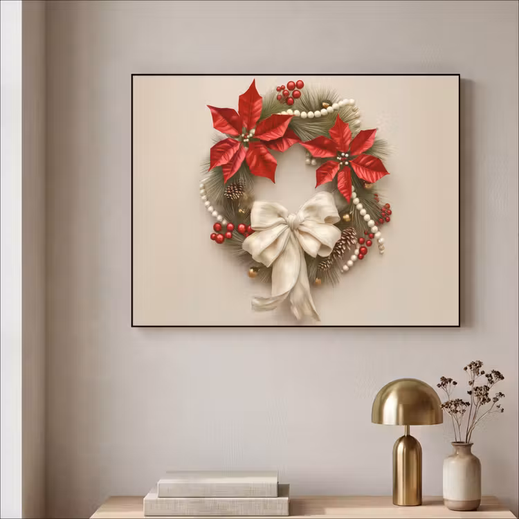 Deurkrans - Strik - Kerst - Rood - Groen Textielframe zwart klein -sfeer2