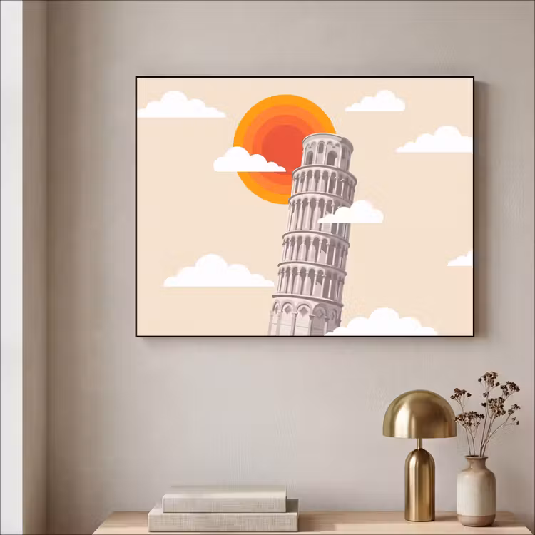 Toren - Pisa - Architectuur - Minimalistisch - Beige Textielframe zwart klein -sfeer2