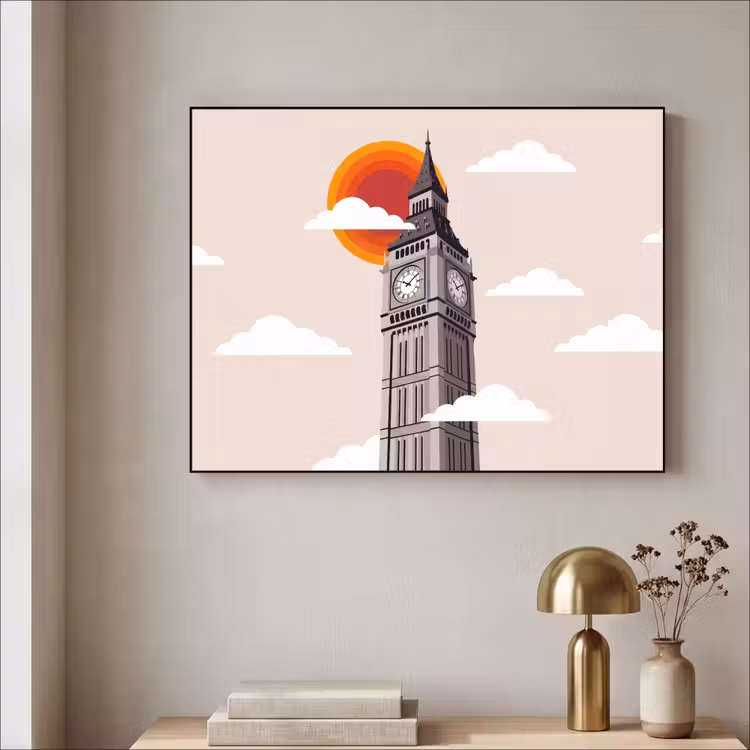 Toren - Klok - Londen - Architectuur - Retro Textielframe zwart klein -sfeer2