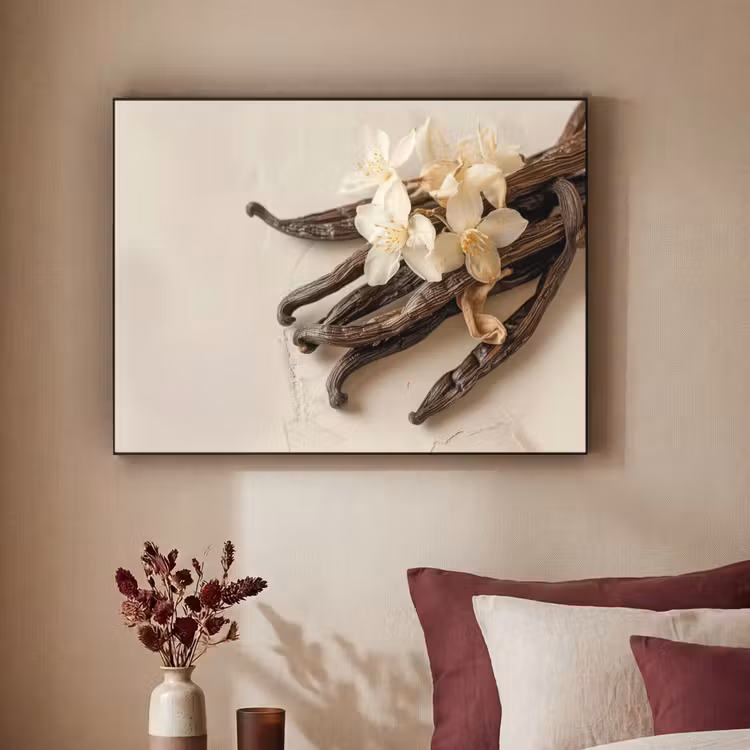 Vanille - Bloemen - Beige Textielframe zwart klein -sfeer1