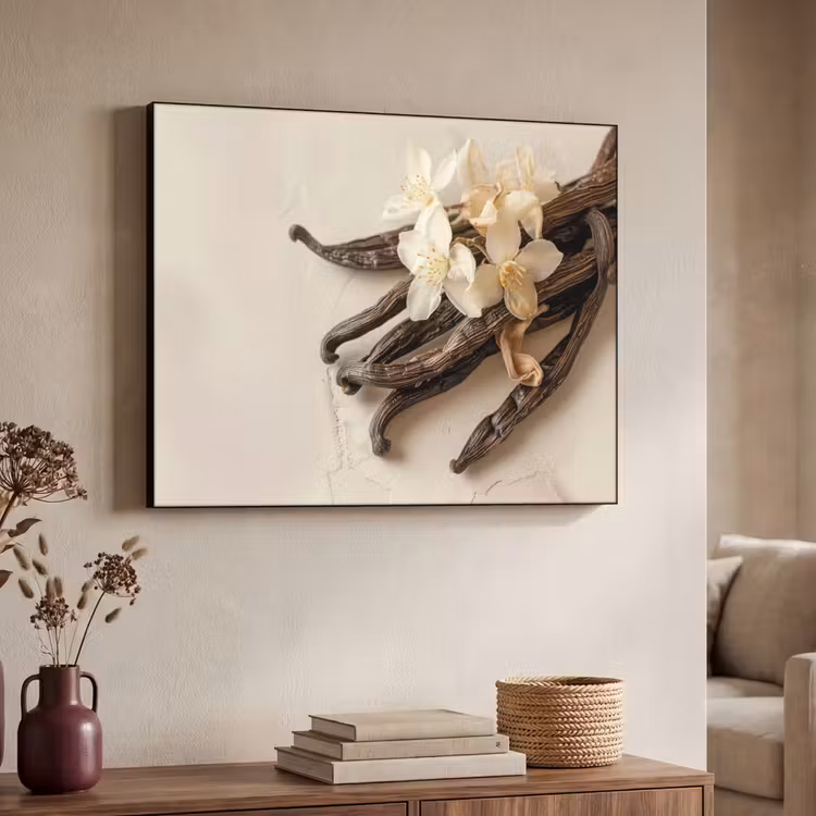 Vanille - Bloemen - Beige Textielframe zwart klein -sfeer3