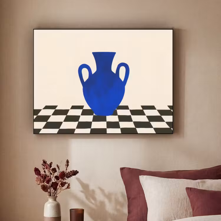 Vaas - Blauw - Geblokt - Modern Textielframe - compleet frame klein -sfeer1