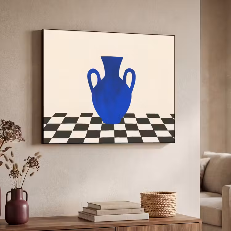 Vaas - Blauw - Geblokt - Modern Textielframe - compleet frame klein -sfeer3