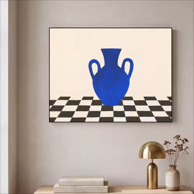 Vaas - Blauw - Geblokt - Modern Textielframe - compleet frame klein -sfeer2