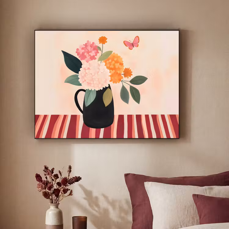 Vaas - Bloemen - Vlinder - Rood Textielframe - compleet frame klein -sfeer1